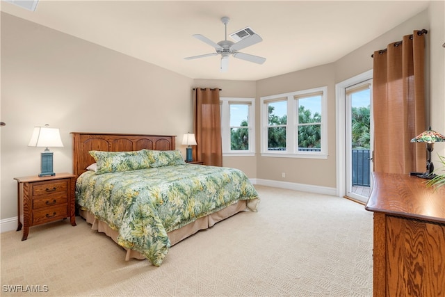 carpeted bedroom with access to outside and ceiling fan