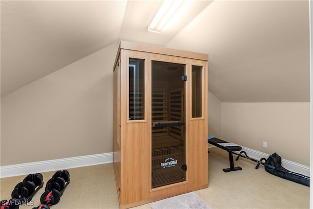 exercise room with light carpet and vaulted ceiling