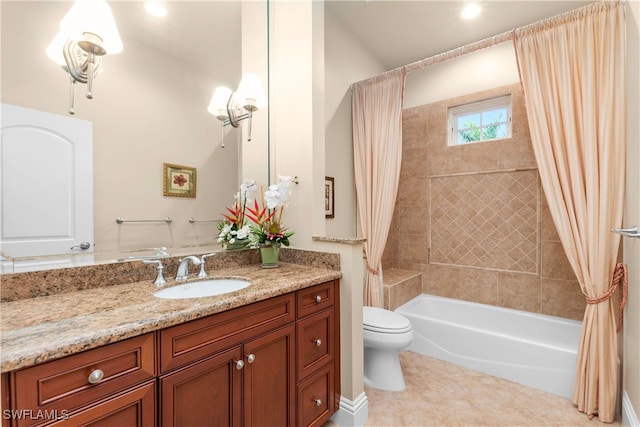 full bathroom featuring tile patterned floors, shower / bath combo, toilet, and vanity