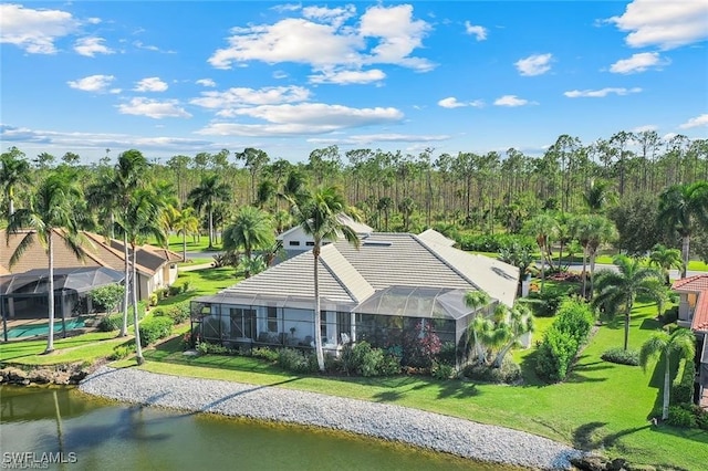 aerial view featuring a water view