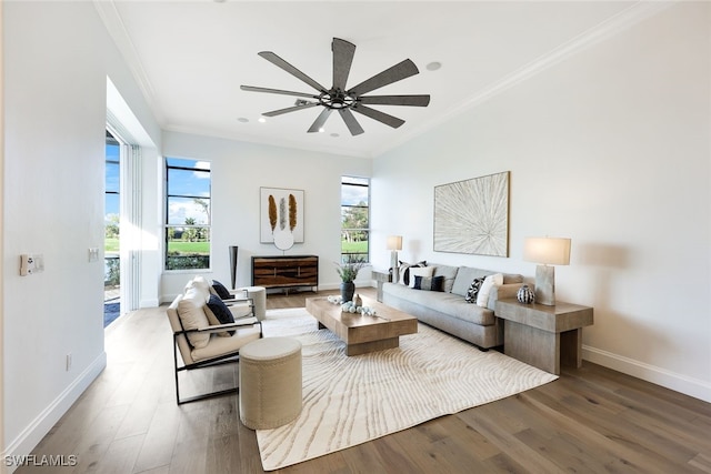 living room featuring hardwood / wood-style floors, ceiling fan, and ornamental molding