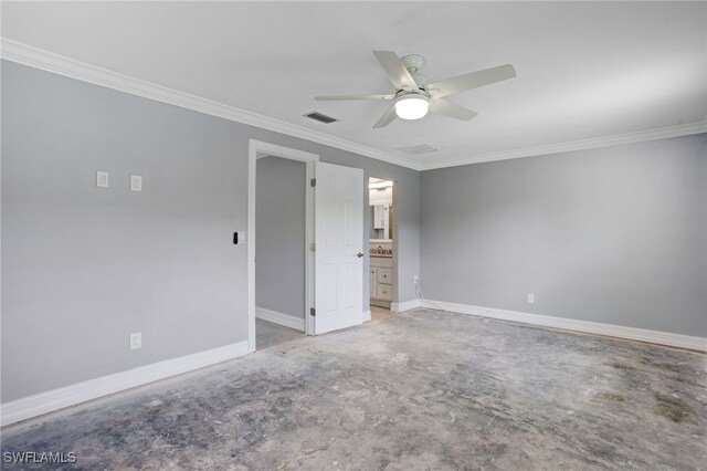 empty room with ceiling fan and ornamental molding