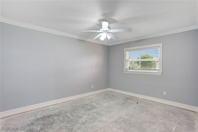 unfurnished room with ceiling fan, concrete flooring, and ornamental molding