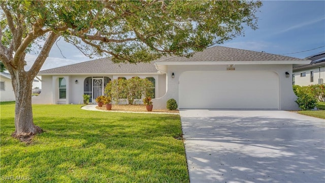 single story home with a garage and a front lawn