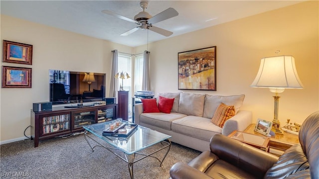 living room with carpet floors and ceiling fan