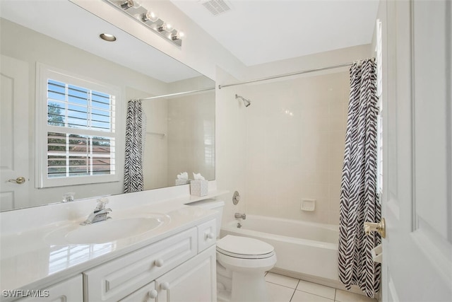 full bathroom featuring tile patterned flooring, vanity, shower / bathtub combination with curtain, and toilet