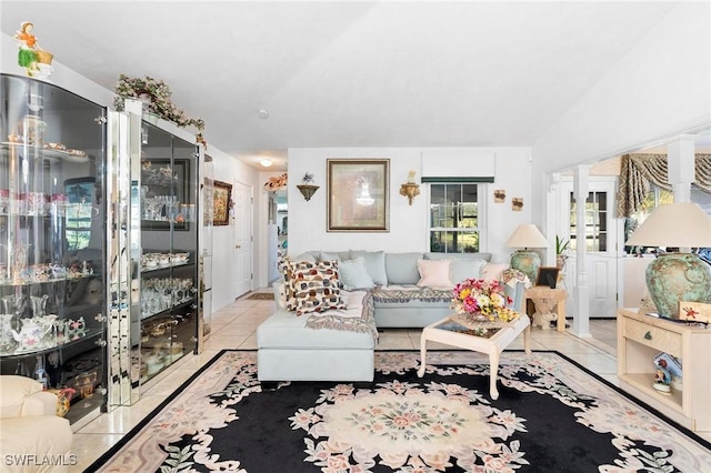 living room featuring light tile patterned floors