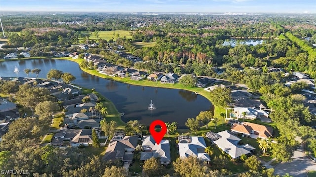 drone / aerial view featuring a water view