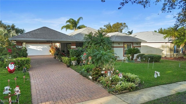 view of front of home with a front lawn and a garage