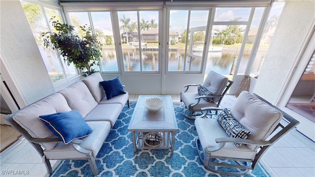 sunroom with a water view