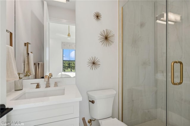 bathroom featuring vanity, an enclosed shower, and toilet