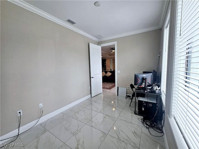 office area featuring crown molding