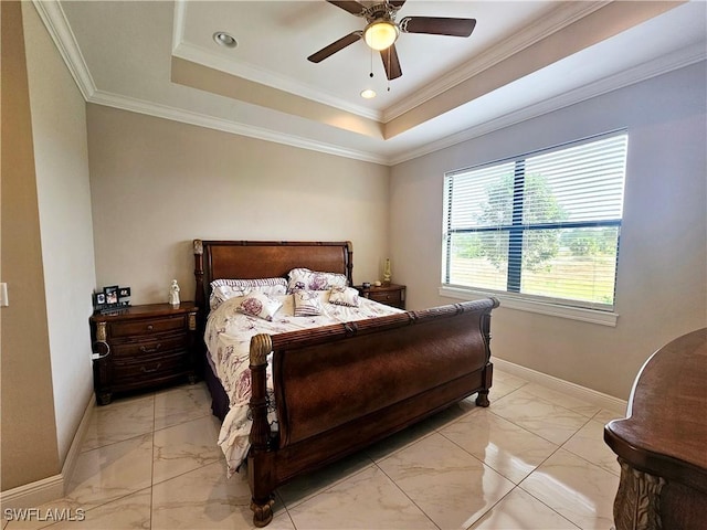 bedroom with a raised ceiling, ceiling fan, and crown molding