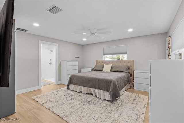 bedroom featuring ceiling fan and light hardwood / wood-style floors