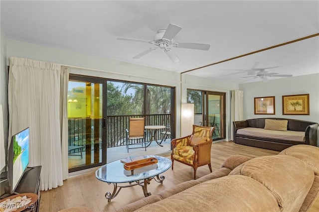 living room featuring ceiling fan and light wood-type flooring