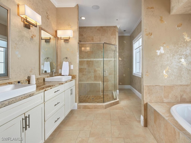 bathroom with vanity, ornamental molding, and plus walk in shower