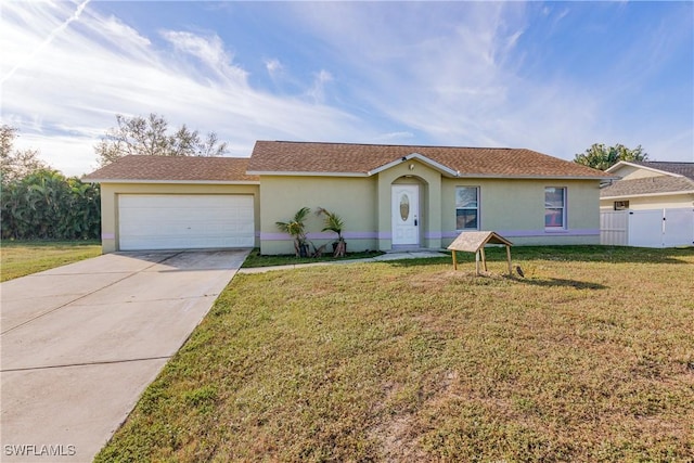 ranch-style house featuring a garage and a front yard