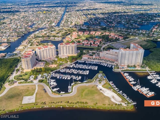 drone / aerial view featuring a water view