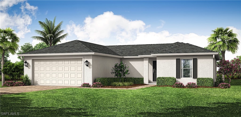 ranch-style house featuring a garage and a front lawn