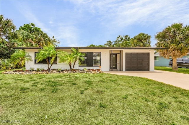 ranch-style house with a front lawn and a garage