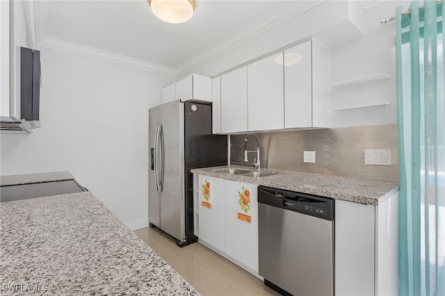 kitchen featuring decorative backsplash, white cabinetry, sink, and appliances with stainless steel finishes