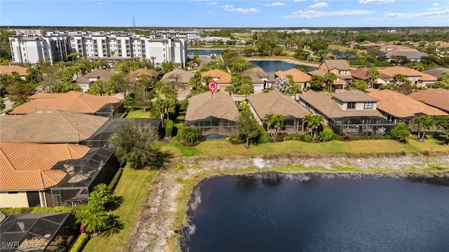 drone / aerial view featuring a water view