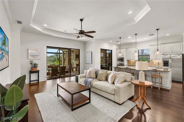 living room featuring sink, ornamental molding, dark hardwood / wood-style floors, a raised ceiling, and ceiling fan