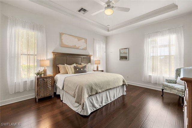 bedroom featuring dark hardwood / wood-style flooring, a tray ceiling, and multiple windows