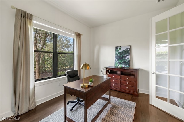 home office with dark hardwood / wood-style floors