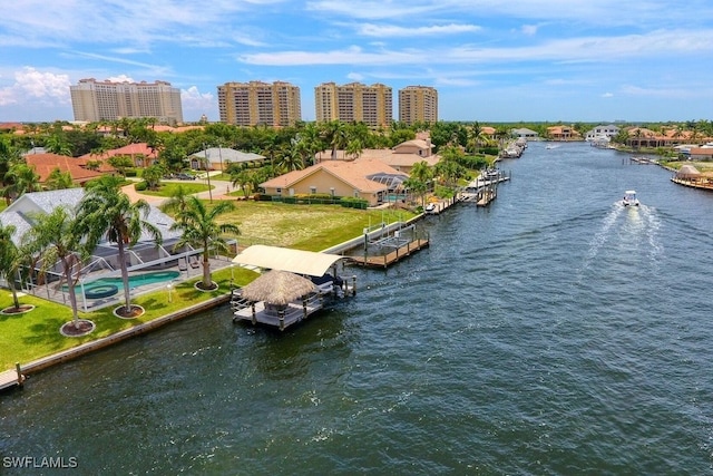 bird's eye view with a water view