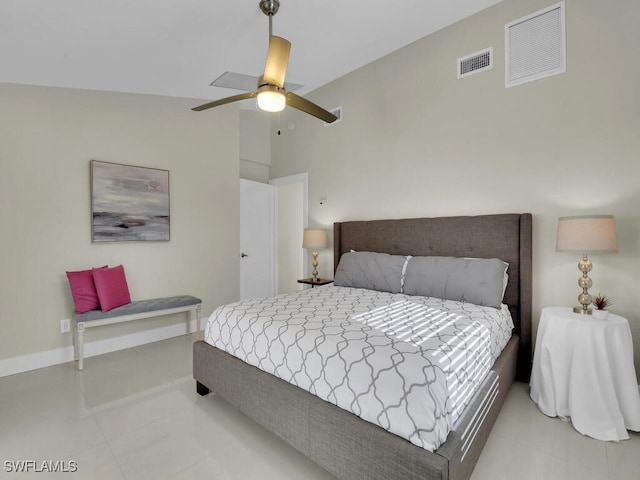 bedroom with ceiling fan and lofted ceiling