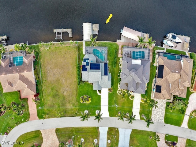 drone / aerial view featuring a water view