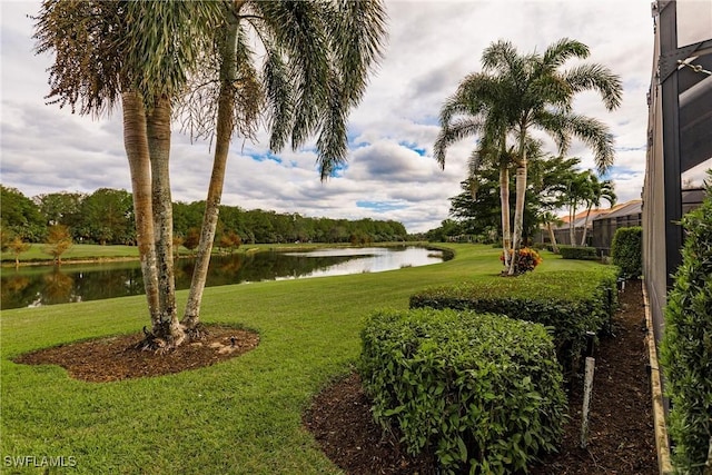 view of yard with a water view