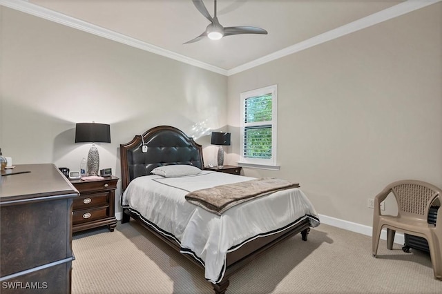 bedroom featuring light carpet, ceiling fan, and ornamental molding