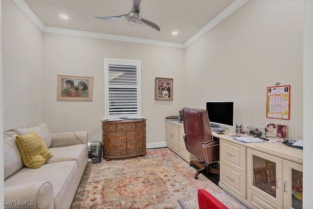 home office with ceiling fan and ornamental molding