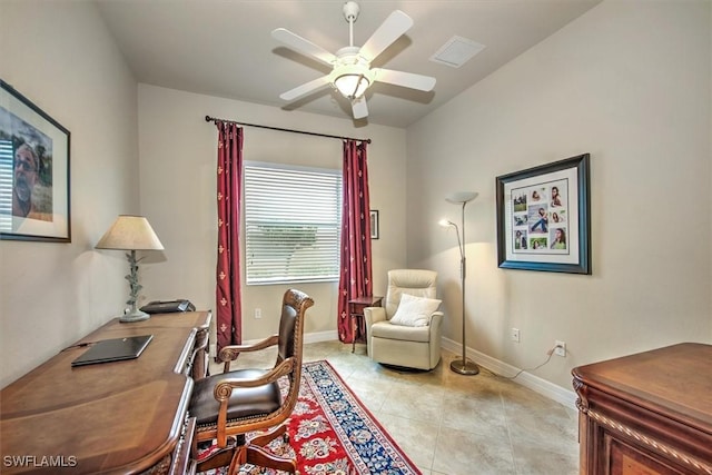 office featuring ceiling fan and light tile patterned flooring