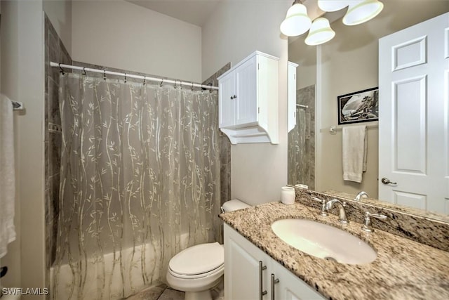 full bathroom with tile patterned flooring, vanity, toilet, and shower / tub combo with curtain