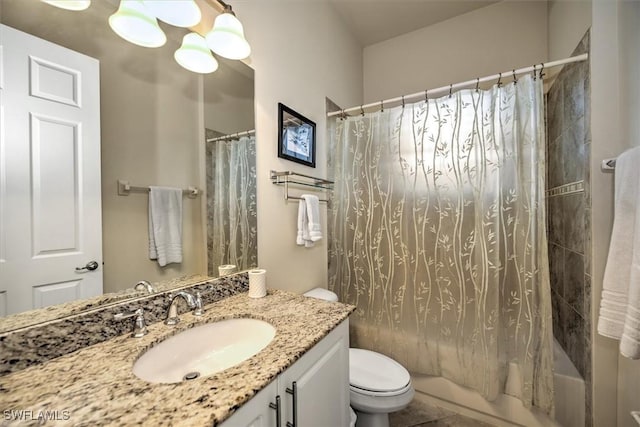 full bathroom with shower / bath combination with curtain, vanity, and toilet