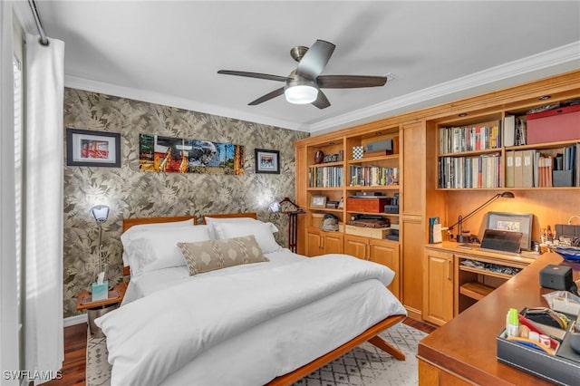 bedroom with ceiling fan, light hardwood / wood-style flooring, and crown molding