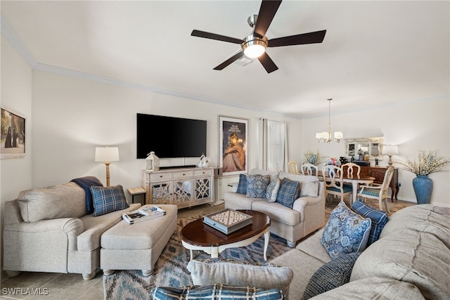 living room featuring ceiling fan with notable chandelier, crown molding, and light tile patterned flooring