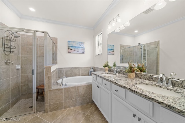 bathroom with tile patterned flooring, vanity, ornamental molding, and plus walk in shower