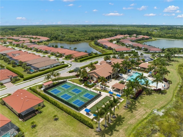 drone / aerial view featuring a water view