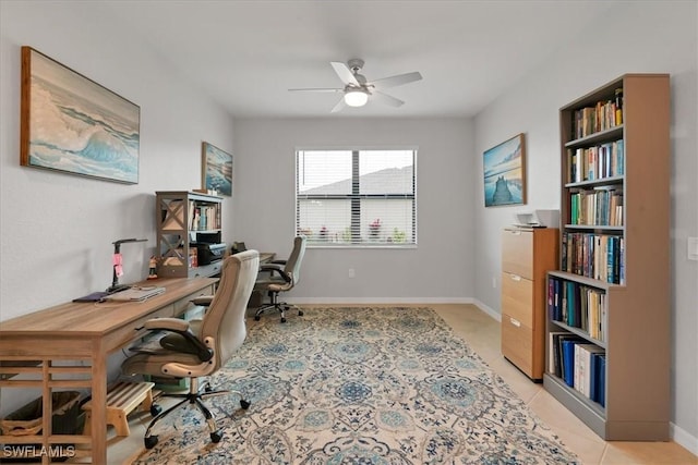 tiled office with ceiling fan