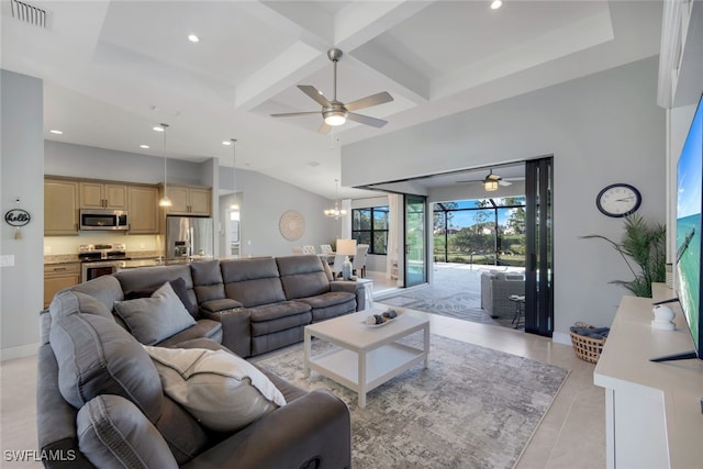 tiled living room with ceiling fan with notable chandelier, beam ceiling, and coffered ceiling