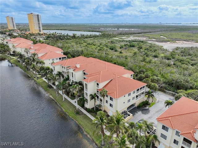 bird's eye view with a water view