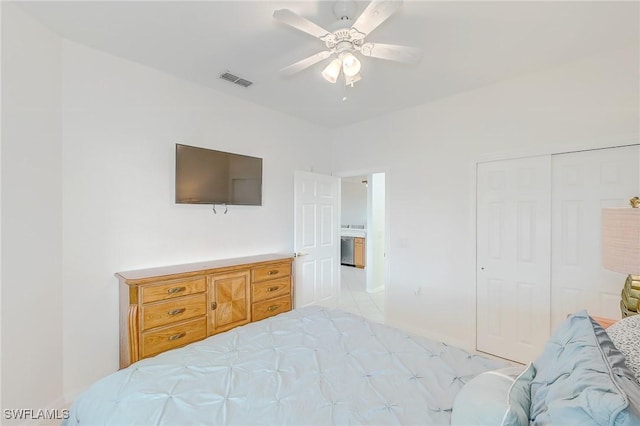 bedroom with ceiling fan and a closet