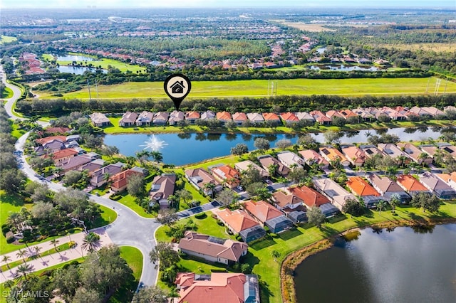 aerial view featuring a water view