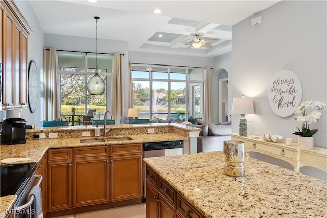 kitchen featuring appliances with stainless steel finishes, pendant lighting, sink, coffered ceiling, and beam ceiling