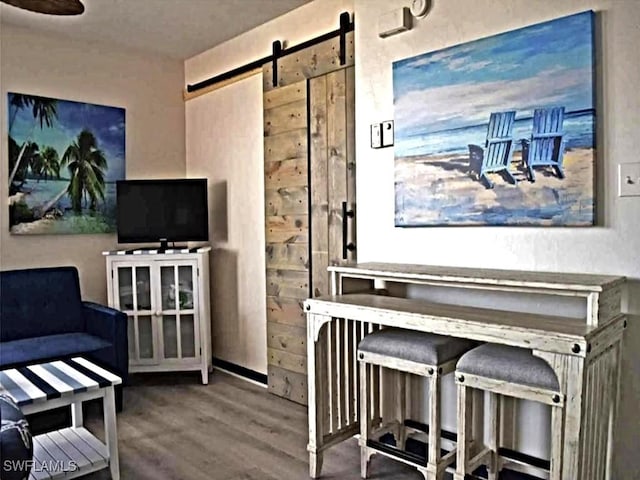 interior space featuring a barn door and hardwood / wood-style flooring