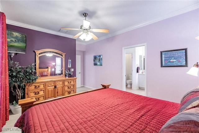 bedroom featuring ceiling fan, ornamental molding, and connected bathroom